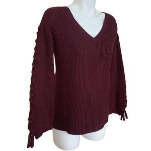 American Eagle Lace Up Sleeve V Neck Burgundy Sweater Size XS
